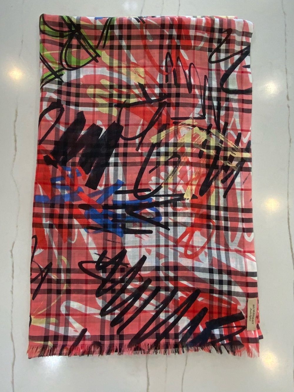 BURBERRY Graffiti Check Scarf in Blossom Pink